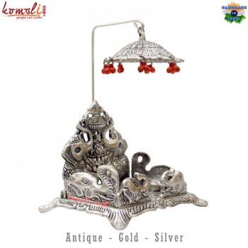 Religious Singhasan - Elephant Motif - For Your Adorable God White Metal Craft