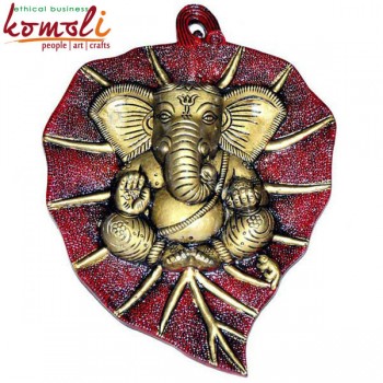 Lambodar Ganesha on Carmine Leaf - Large Ganesha Gifts Wedding Favors