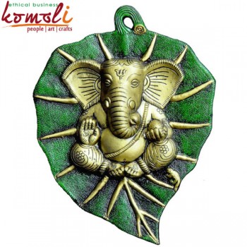 Lambodar Ganesha on Green Leaf - 12 inch Wall Mural Home Decoration Accent