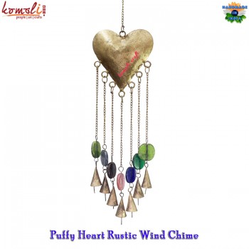 Rustic Puffy Golden Tin Iron Heart Windchime With Bells & Beads For Garden Deck Outdoor Decoration Ornament