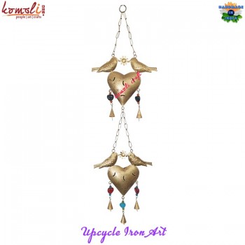 Vintage Style Golden Rustic Twin Bird Beaded Puffy Heart Wind Chime Home Garden Outdoor Decoration