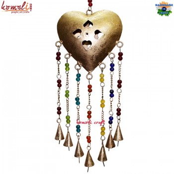Beautiful Golden Rustic Puffy Heart Wind Chime Home Decoration with Hanging Rustic Bells