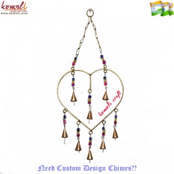 Golden Wrought Iron Hanging Heart Wind Chime with Colorful Beads