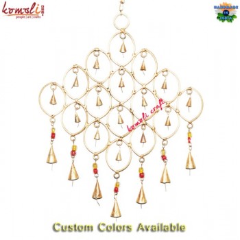 Large Golden Geometrical Shape Wrought Iron Wind Chime Hanging with Indian Rustic Bells