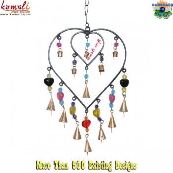 Heart in Heart Black Wrought iron Wind Chime Colorful Glass Beads Garden Decoration