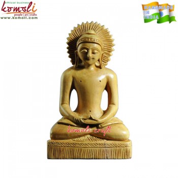 Awe-inspiring Sculpture Statue of Pensive Mahaveera - Single Piece Wood Carving