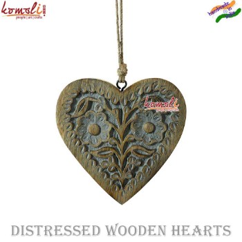 Hand Crafted Distressed Carved Wooden Heart Ornaments, Customization Available