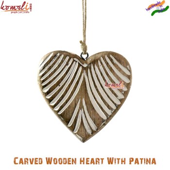 Wooden Carved Heart Ornament, White Patina, Distressed Finish