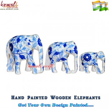 Consistent Strokes - Set of 3 Amazing Hand Painted Wooden Elephants - Floral Blue