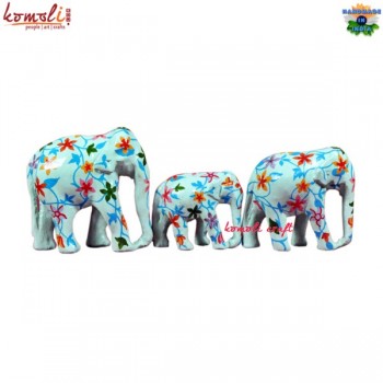 Balanced Strokes of Brush - Set of 3 Astonishing Hand Painted Wooden Elephants - Floral Green