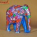 Floral Motif in Blue and Multi-Color Hand Painted Carved Wooden Elephant