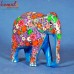 Floral Motif in Blue and Multi-Color Hand Painted Carved Wooden Elephant