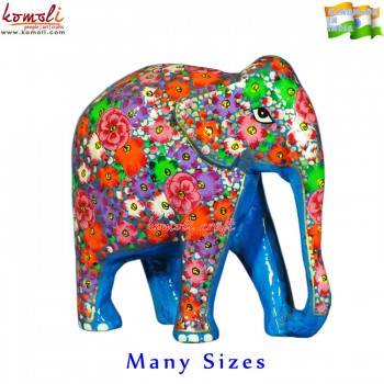 Floral Motif in Blue and Multi-Color Hand Painted Carved Wooden Elephant