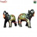 Abstract Design Hand Painted Black Floral Motif - Carved Wooden Elephants Family